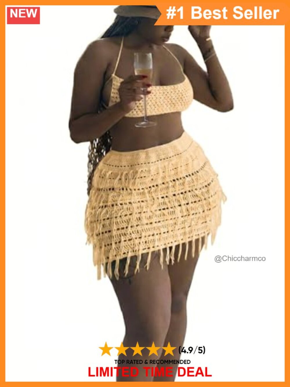 Crochet 2 Piece Halter Top and Fringe Mini Skirt Set Beach Cover Up